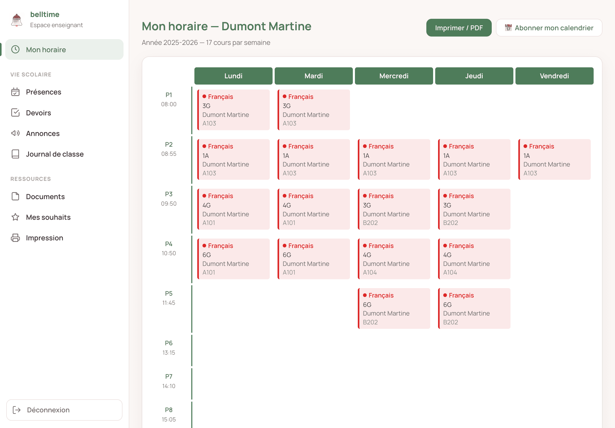 Horaire enseignant exportable et synchronisable dans belltime