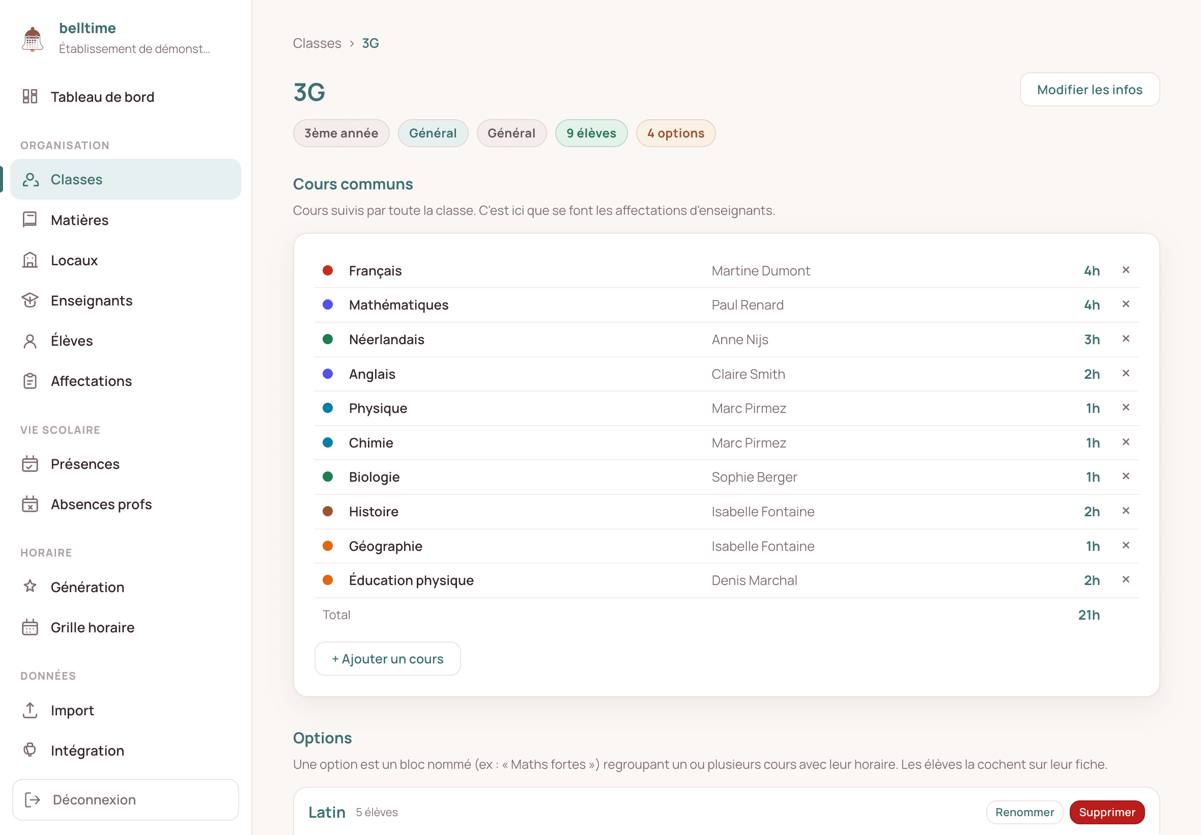 Gestion des options et demi-groupes d'une classe dans BellTime