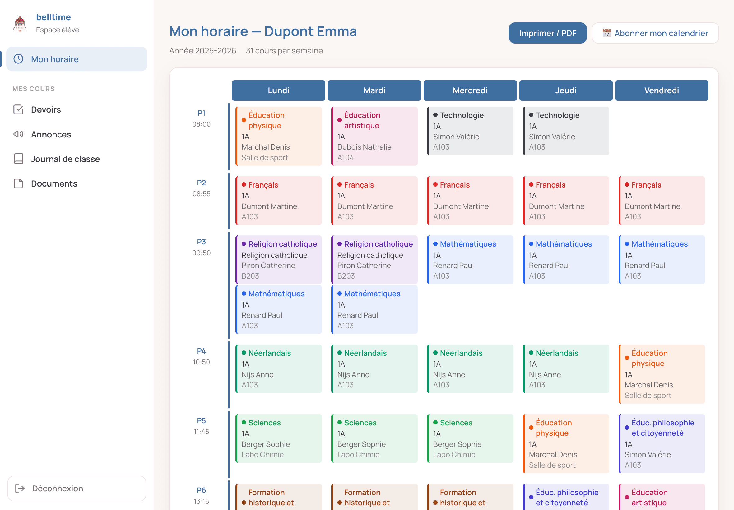 Horaire d'un élève synchronisable dans son agenda